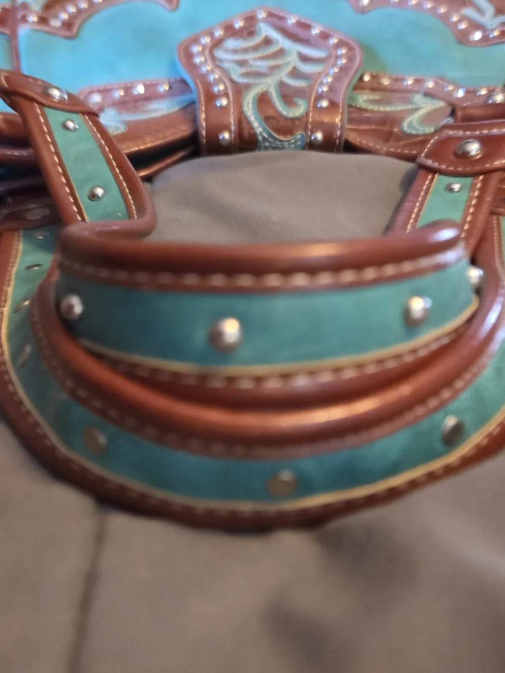 Cowgirl Trendy Turquoise and Brown Embroidered Shoulder Bag with Stud Accents